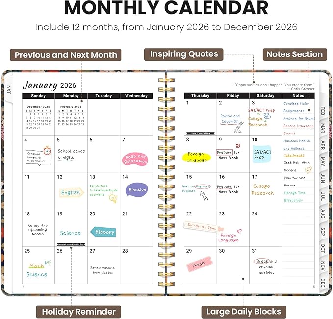 2026 Planner, Weekly and Monthly Planner for Women, January 2026 - December 2026, Hardcover 2026 Calendar Planner Book with Tabs, Inner Pocket, Spiral Bound, Perfect for Office Home School Supplies - A4 (8.5" x 11"), Petals