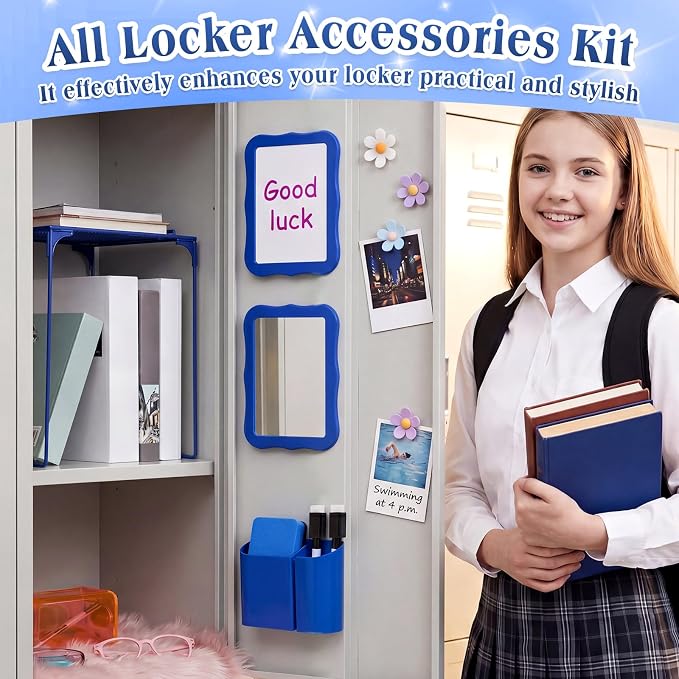 Colarr 16 Pcs Dark Blue Locker Accessories for Girls Includes Magnetic Whiteboard & Mirror Locker Shelf Pen Holder 2 Dry Erase Marker & Eraser 9 Flowers for Back to School Essentials Decoration
