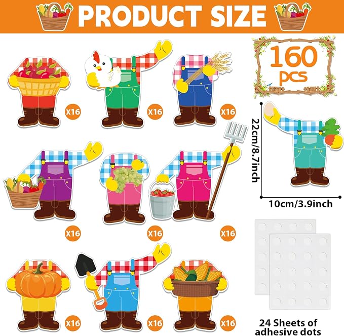 160Pcs Farm Animal Farmer Cutouts Back to School Bulletin Board Decoration Set Farmhouse Paper Cut-Outs Classroom Decor for Boy Girl DIY Photo Craft School Kindergarten Preschool Wall Door Supplies