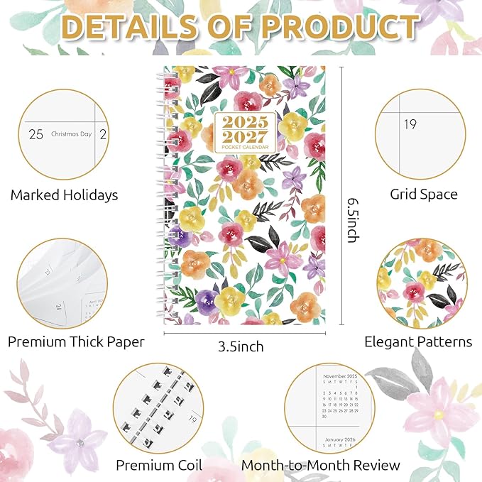 KONVINIT Pocket Calendar 2025-2027, Floral 2026 Pocket Calendar -3.5” × 6.5” - Runs from July 2025 until December 2027, 2026 Monthly Planner with Coil Cover for Planning