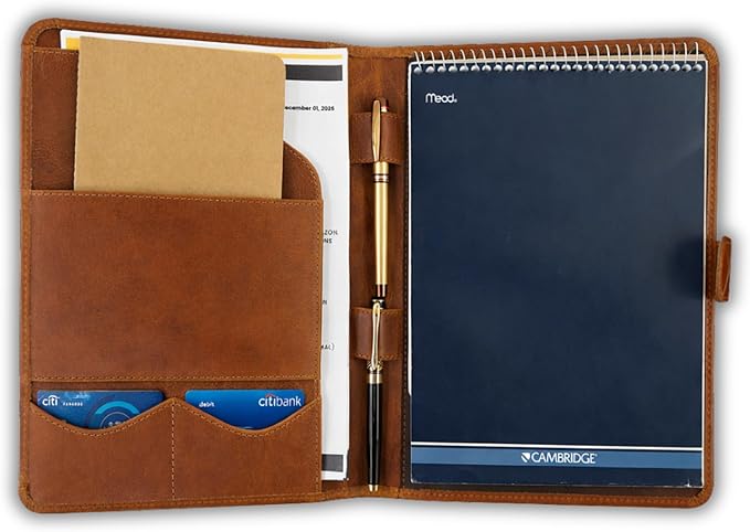 Leather Padfolio Legal Pad Portfolio Organizer | Handmade Executive Notebook Binder | Heavy Duty Full Grain Cow Hide Resume Interview Folio for Men Women, Rustic NoteBook Folder (Cognac Tan)
