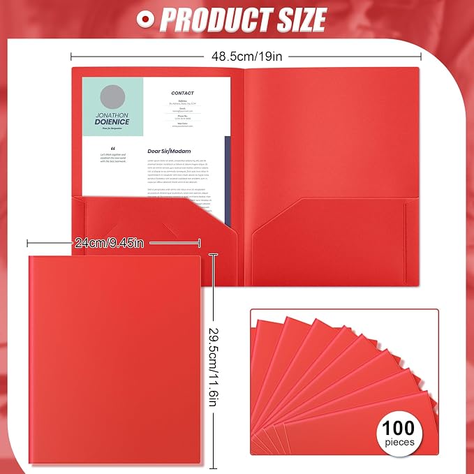 Gueevin 100 Pack Plastic Folder with Pockets, 2 Pocket Folders, Plastic Glossy Folders Fit Letter Size Paper, Heavy Duty Durable File Folder with Business Card for Home Office School (Red)