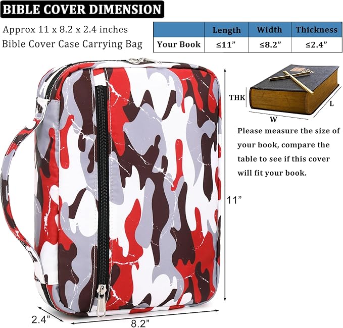 Kids Bible Case Bible Cover for Boys, Scripture Bag for Boys Bible Carrier for Kids with Handle and Zippered Pocket, Camo Red