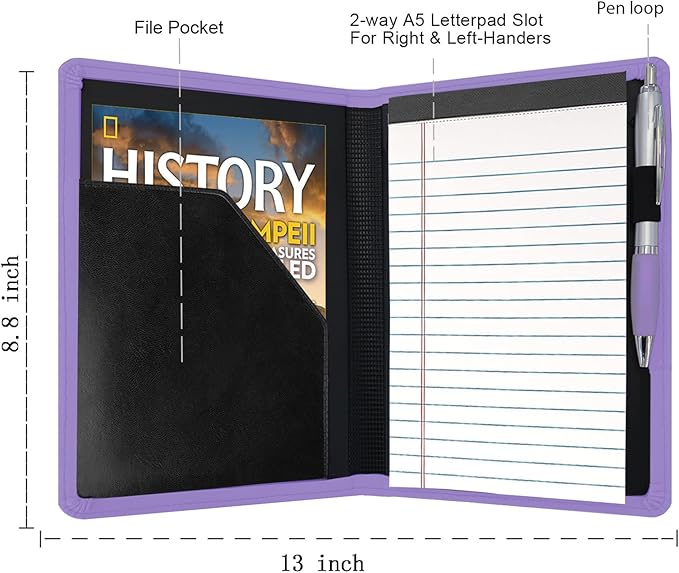 Classic Padfolio/Junior Portfolio Folder Case, Business A5 Leather Organizer Binder for Men Women, A5 Writing Pad Included, Purple.