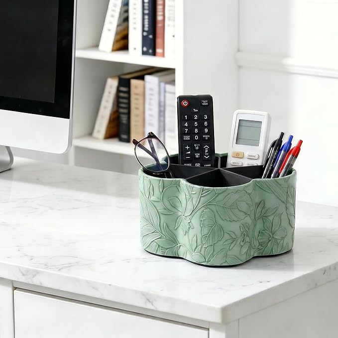 Flower Shaped Leather Art Supply Organizer,Remote Control Holder,360 Degree Spinning,Multi-Functional Pencil Holder,5 Compartments Desktop Stationary Organizer(1-Flower Green)