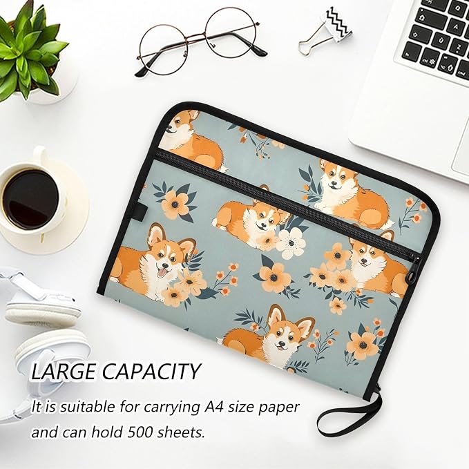 Expanding File Folder Corgi Flower Cute Accordion File Organizer 13 Pockets Document Organizer with Zipper Labels A4 Letter Office Storage