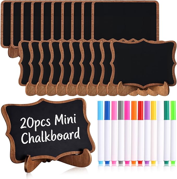 20 Pack Mini Chalkboards Signs with 12 Colored Chalk Pens 3 x 4'' Small Rectangle Chalkboards with Easel Stand Place Cards for Weddings Birthday Parties Message Board Sign