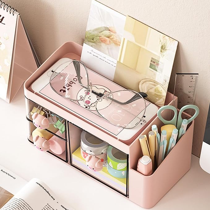 Desk Organizer with Pencil Holder and 3 Drawers, Desk Accessories Holder for Desk,Desktop Stationery Organizer for Office Home School Dressing Table(Small Pig Handle)