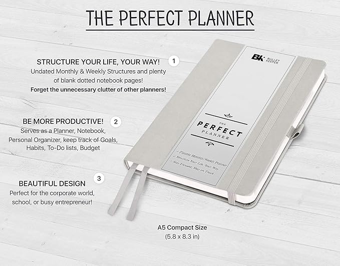 BK UNDATED Yearly Weekly/Monthly Planner 2026-27 Daily Planner Agenda & Personal Organizer to Increase Productivity, Academic Planner w/Sticker Set. A5 (5.8 x 8.3) - Gray Hardcover