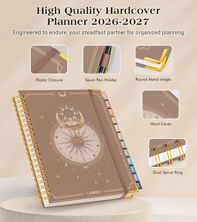 Academic Planner 2026-2027, Hardcover Weekly and Monthly Calendar Planner from July 2026 - June 2027, 6.1" x 8.2" A5 Daily Agenda with Tabs, College School Organizer for Student Teacher, Boho Sun & Moon