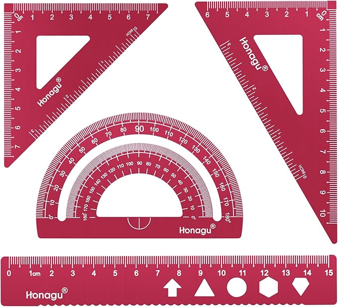 Honagu Triangular Ruler Set, 4 PC Metal Drafting Ruler, Geometric Protractor, Measuring Drawing Tool for Students, Teachers, Draftsmen, Engineers, Home School Office Supplies (15cm/5.9inches, Red)