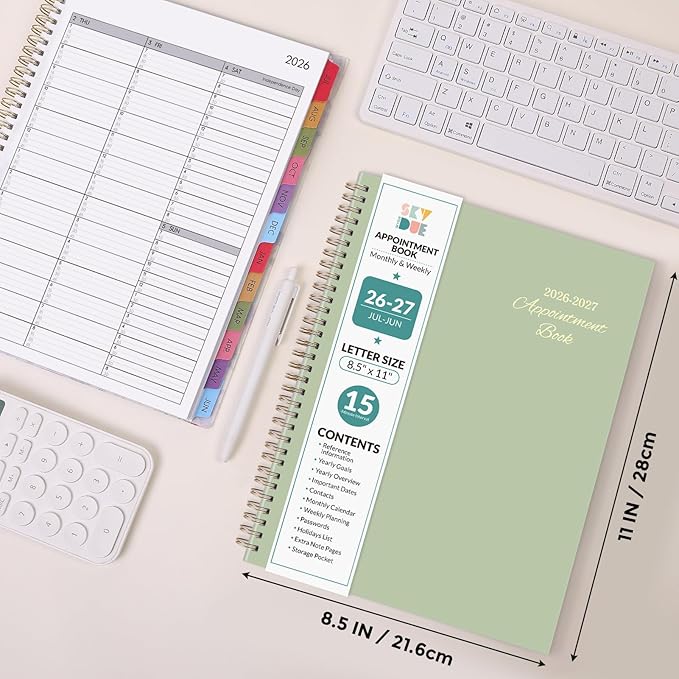 SKYDUE Appointment Book 2026-2027, Academic Hourly Planner from July 2026 - June 2027, 8.5" x 11" Weekly & Monthly Schedule Planner with 15-Minute Interval- Perfect for Daily Planning Green