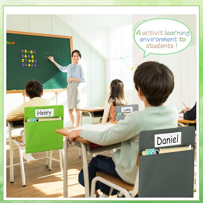 gisgfim 24 Pcs Chair Pockets for Classroom 17 x 20 Inch s with Name Tag for Classroom Chairback Pockets Chairs Seat Back Organizer for Student Elementary School Daycare Home Supply (Greenery)