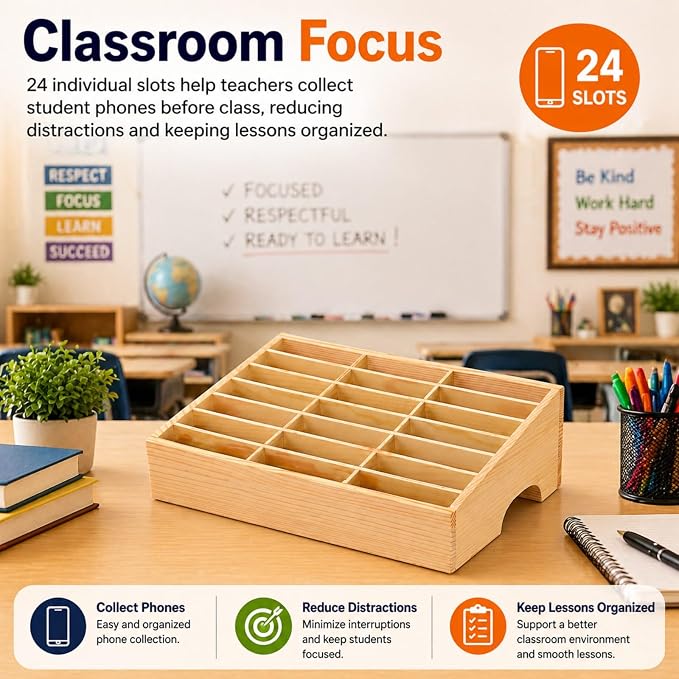 XICHENGSHIDAI 24-Grid Classroom Cell Phone Holder, Wooden Mobile Phone Storage Box, Desk Organizer for Teachers, School and Office