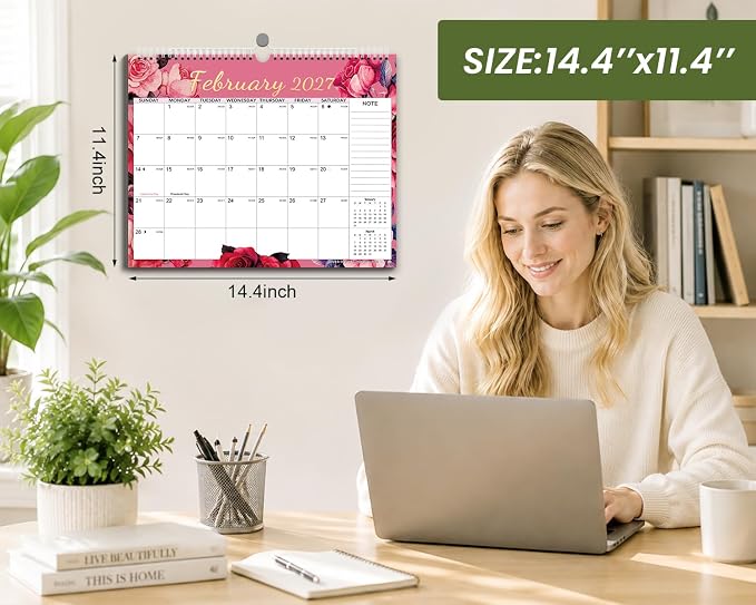 AECCN Calendar 2026-2027 3 Pack, 18 Months Calendars, 14.4" x 11.4" Durable Thick Paper, Anti Ink Bleed, Wall Calendar 2026-2027 with Stickers for Home, school, Office Planning-Flower