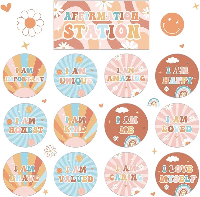 Naozinebi Hippie Affirmation Station Bulletin Board Set Groovy Positive Bulletin Board for Classroom Mirror Growth Mindset Decors Inspirational Motivational Accent Cutout for Home School Wall Supply