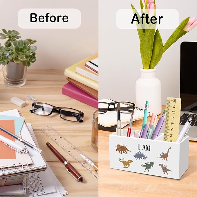 Boys Dinosaur Pen Pencil Holder for Desk, Inspirational Dino Office School Desk Accessories, Dinosaur Pen Holders Organizer for Kids Boys Toddler Room Classroom Bathroom Nursery Playroom