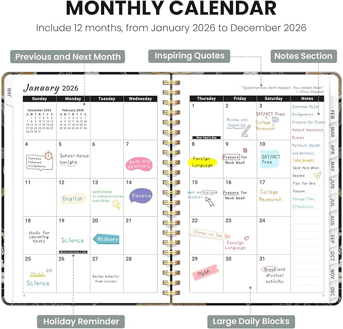 2026 Planner, Weekly and Monthly Planner for Women, January 2026 - December 2026, Hardcover 2026 Calendar Planner Book with Tabs, Inner Pocket, Spiral Bound, Perfect for Office Home School Supplies - A5 (6.3" x 8.5"), Citrus Bloom