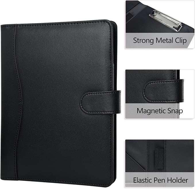 Padfolio Portfolio Binder, Leather Clipboard Folder Briefcase Loose-Leaf Binder with Cover Brown Folder with Pockets Resume Folder for Business Office Meeting Men Women's Business (A5, Black)