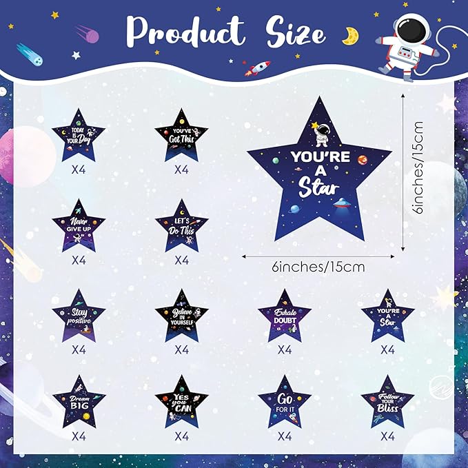 Pajean 48 Pcs Star Positive Bulletin Board Decoration Cutout Affirmation Station Classroom Bulletin Board 6 Inch Inspirational Classroom Decor Double Sided for Teacher Student Back to School(Space)