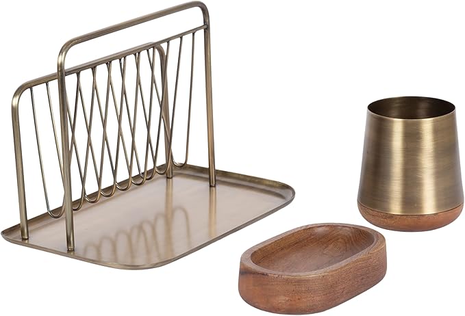 Kate and Laurel Koni Modern Three-Piece Home Office Organization Set; 13 x 8 x 9; Walnut Brown and Antique Brass; Wood and Metal Organizational Set for Office with File Folder Holder