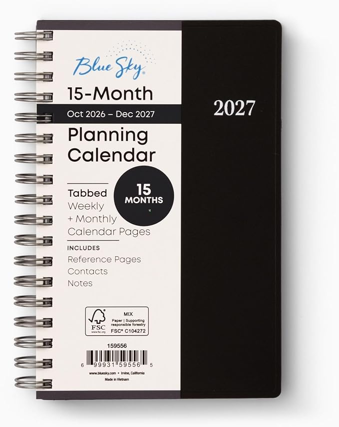 Blue Sky 2027 15-Month Weekly and Monthly Mini Planner Calendar, Includes October 2026 - December 2027, 3.625" x 6.125", Flexible Cover, Wirebound, Laminated Tabs, Enterprise