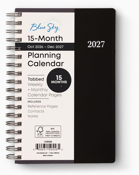 Blue Sky 2027 15-Month Weekly and Monthly Mini Planner Calendar, Includes October 2026 - December 2027, 3.625" x 6.125", Flexible Cover, Wirebound, Laminated Tabs, Enterprise