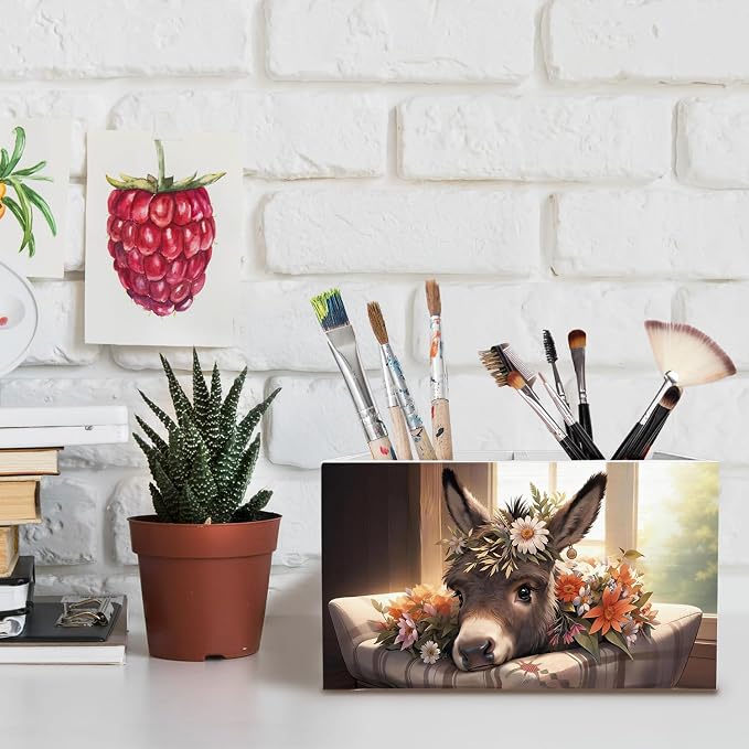 Rustic Floral Donkey Pen Holder for Desk, Donkey Gifts for Women Pencil Organizer, Farmhouse Animal Wildflower Wooden Box Sign Desk Decor for Home Office Decoration
