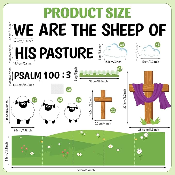 Christian Bulletin Board Set VBS 2026 Religious Jesus Classroom Decoration Sheep Bible Verse Paper Cutouts We are The Sheep of His Pasture Bulletin Board for Sunday School Church Chalkboard Wall Decor