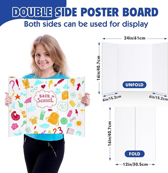 Trifold Poster Board,4 Pack 24" x 16" White Corrugated Poster Boards,Display Board,Perfect for School Projects, Science Fairs, Event Displays, and Business Presentations