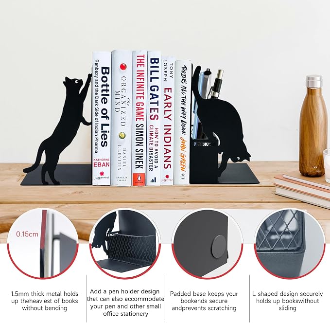 Cat Book Ends for Shelves, Metal Decorative Book Ends with Pen Holder, Fun Unique Bookends, Cool Black Cat Bookends for Home Office Desk Bookshelf Decor, Gift for Cat Lovers and Reading Enthusiasts
