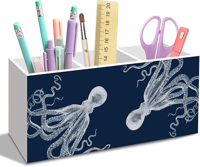 Navy Blue Octopus Pen Pencil Holder for Desk, Coastal Octopus Office Desk Accessories, Nautical Octopuses Gifts Pen Holders Organizer for Classroom Bathroom Kids Women, Navy Blue Office Decor