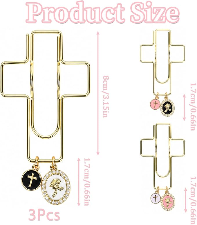Wxiben Cross Paper Clip Bookmark - 3 Pcs Rose Metal Paperclip Pen Holder Book Mark with Charms Page Marker Planner Decorative Paper Clips Gifts for Women Reading Book Lover School Accessories