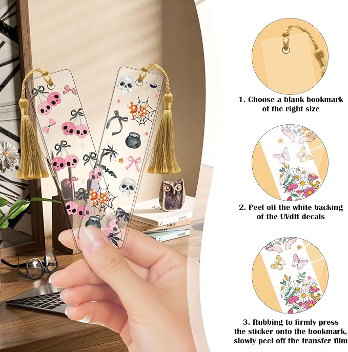 Halloween UV DTF Bookmark Wraps - 24 Sheets Cute Spooky Pumpkin Skeleton UV DTF Bookmark Stickers for Book Lovers, Pink Bows Spider Web Transfer Sticker DIY Blank Bookmarks Decoration (Stickers only)