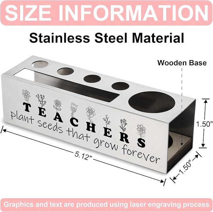 Stainless Steel Pencil Holder with Teacher Quote, Thank You Gift for Women Men Educators, Desk Organizer for Pens Sticky Notes Rulers, Inspirational Classroom Office Decor from Student - FBA394