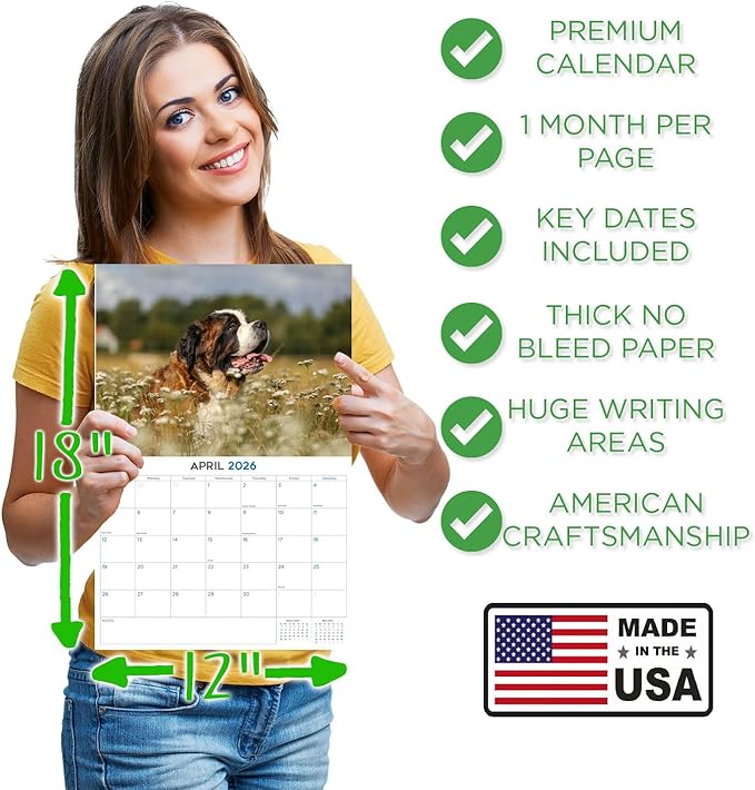 2025 2026 Saint Bernard Calendar - Dog Breed Monthly Wall Calendar - 12" x 18" Open - Thick No-Bleed Paper - Giftable - Academic Teacher's Planner Calendar Organizing & Planning - Made in USA