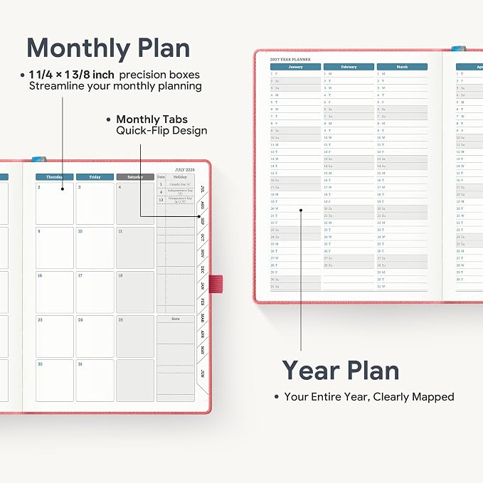 Weekly Planner 2026-2027 A5 (6.5" x 8.5") 12 Months (Jul'26 - Jun'27) Weekly & Monthly Planner with Month Tabs & Inner Pocket, Expenses/Note Pages, PU Leather Pink