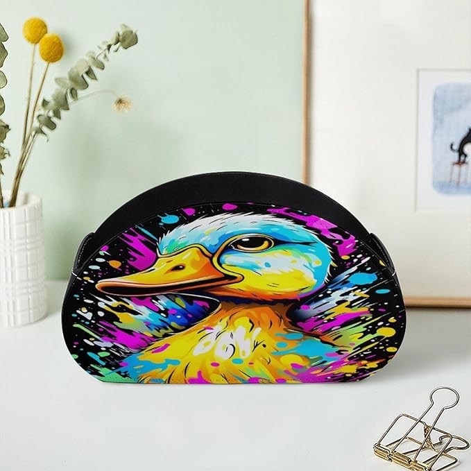 Graffiti Duck Remote Control Holder with 5 Compartment PU Leather Multi Functional Desk Storage for TV Remotes Office Supplies