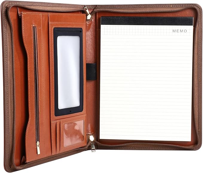Pro PU Leather Padfolio - 10.1" Business Portfolio Organizer with Tablet & Phone Pocket, Zippered Document Holder, Card Slots & Writing Pad | Executive Gift for Professionals (Brown)