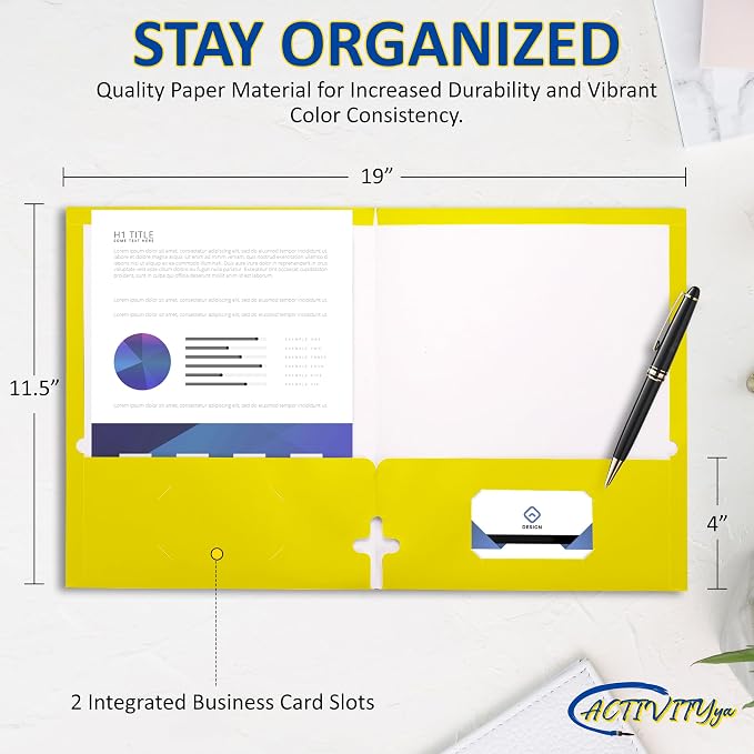 10 Pack Two Pocket Folders, Yellow, Strong Thick Paper Folders, for Letter Size, by ACTIVITYya,