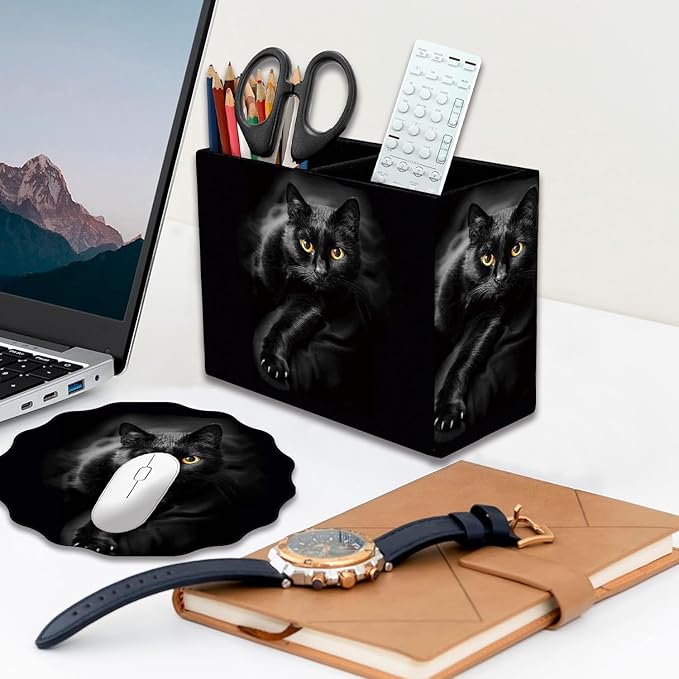 Pen Holder and Anti-Slip Mouse Pad Combination, Makeup Brush Storage Box, Tableware Storage Box, Suitable for Office and Home - Cat