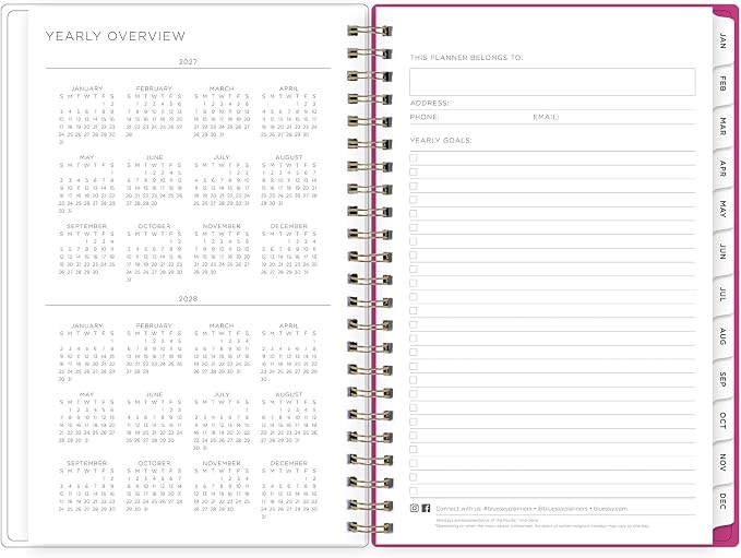Blue Sky Kelly Ventura 2027 Weekly and Monthly Planner Calendar, January 2027 - December 2027, 5" x 8", Flexible Cover, Laminated Tabs, Durable Twin Wire Binding, Storage Pocket, Includes Sticker Sheet, Magenta Blooms