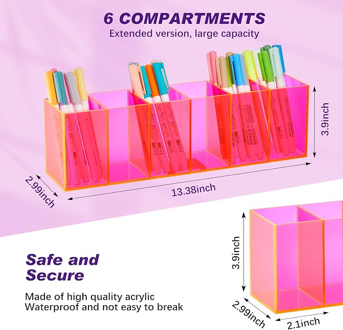 Juexica 2 Pack Acrylic Makeup Brush Holder 6 Compartments Pencil Organizer Cup Pencil Holder for Desk Pen Organizer Storage Box for Accessories Cosmetic Brushes Office Bathroom Kitchen Supply (Pink)