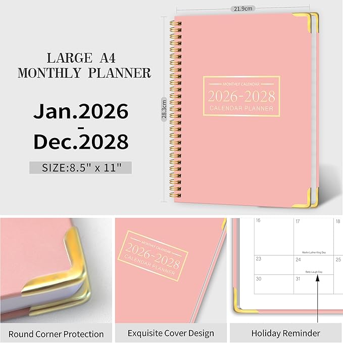 2026-2028 Monthly Planner - 3 Year Monthly Planner 2026-2028, Jan. 2026 - Dec. 2028, 8.5" x 11", 36 Months Calendar Planner with Spiral Bound, Notes Pages, Perfect for School & Office for Women & Men - Pink