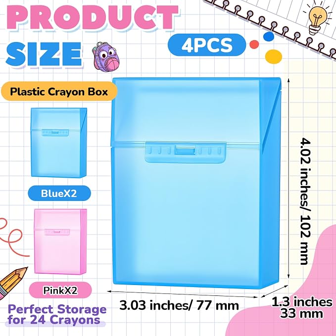 Clabby 4 Pcs Plastic Crayon Organizer Case for 24 Count Crayons Kids Art Supply Storage Box with Lid, Portable Holder for Classroom Home Travel, Fits Standard 24-Pack Crayon (Blue,Pink)