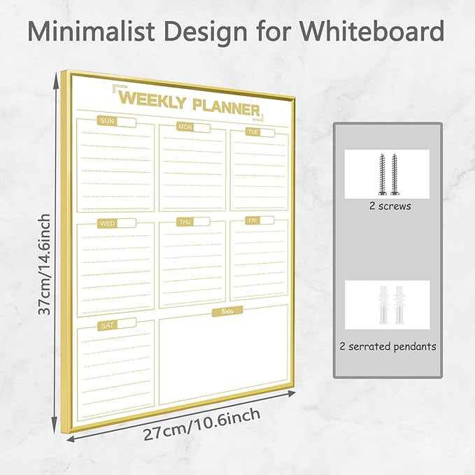 Dry Erase White Board Weekly Calendar Board, Magnetic Whiteboard for Wall,Gold Aluminum Frame Message Board,Vertical, Planner Board for Office, Home, School