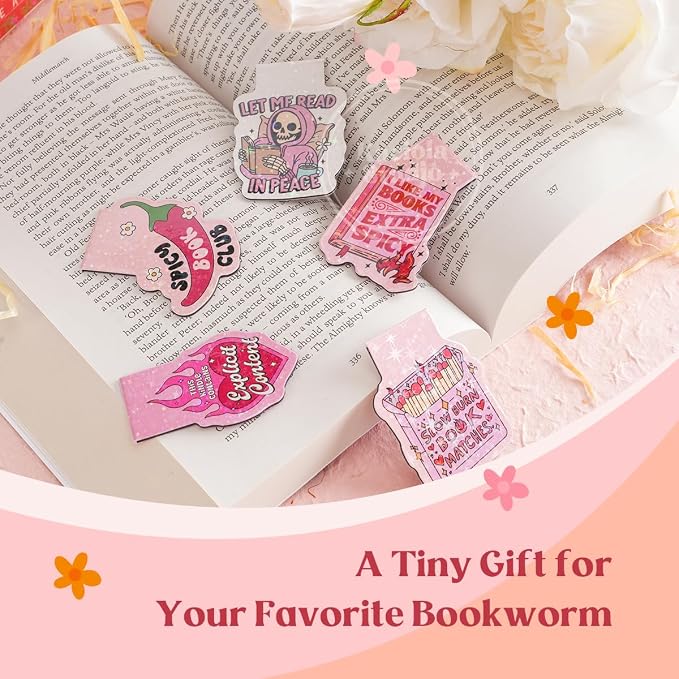 Kaciola Studio 12PCS Glittery Magnetic Bookmarks, Pink Spicy Cute Book Marks for Book Lovers Gifts, Funny Bookmark Accessories for Women Teachers Students School Office Home Supplies (Spicy)