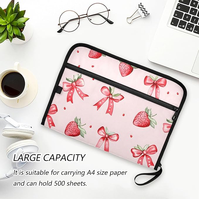 Expanding File Folder Strawberries Bows Pink Accordion File Organizer 13 Pockets Document Organizer with Zipper Labels A4 Letter Office Storage