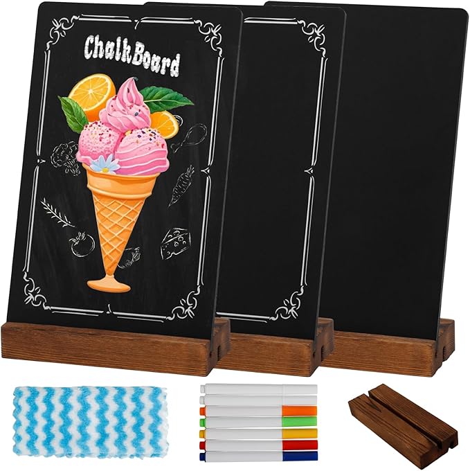 3Pcs Pre-Printed Border Chalkboard Signs with Stand, 5"x 8" Mini Tabletop Chalk Board Menu Display, Double Sided Food Labels for Party Buffet - Vintage