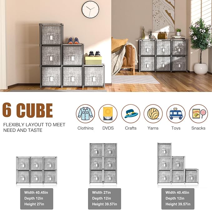 LUKYTOWER Cube Storage Organizer Shelf with 6 Printed Bins + Labels, Adjustable Modular Cubby Storage Organizer with Bins, Large Capacity Shelves for Storage,Closet, Living Room, Dorm, Yarn